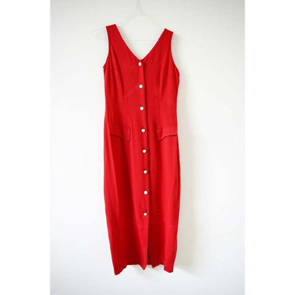 Vintage Dresses & Skirts - MARNIE WEST Vintage Red Pearl Button Up Maxi Dress | Size 6